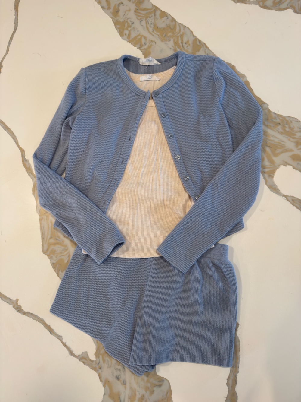Pink Rose Blue Knit Short Set with Cream Tank